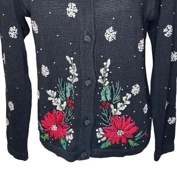 Victoria Jones Embellished Poinsettia Snow Flake Cardigan Removable Fur Collar M - Picture 6 of 14